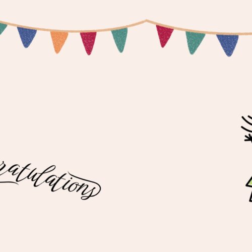 Heller Hintergrund mit Wimpeln, einem glücklichen Mädchen und einem Schriftzug "Congratulations"