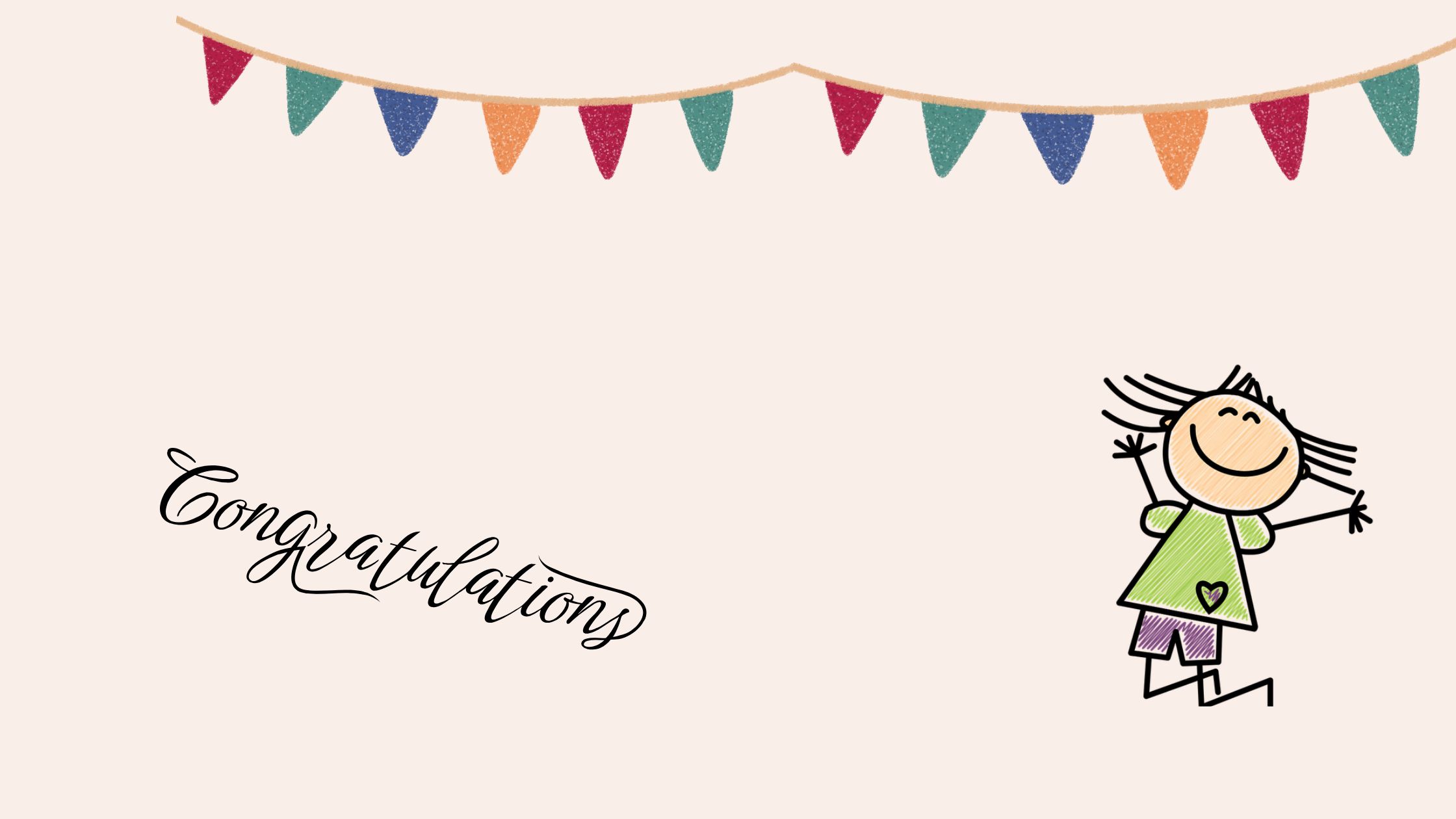 Heller Hintergrund mit Wimpeln, einem glücklichen Mädchen und einem Schriftzug "Congratulations"