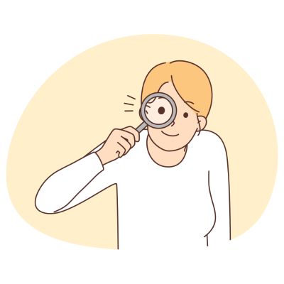 Mama, die sich eine Lupe vor ein Auge hält, um ganz genau hinzusehen