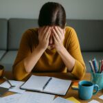 Überforderte Mutter sitzt am Tisch mit den Händen vor dem Gesicht und um sich To-Do-Listen, Laptop und kalter Kaffee