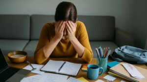 Überforderte Mutter sitzt am Tisch mit den Händen vor dem Gesicht und um sich To-Do-Listen, Laptop und kalter Kaffee